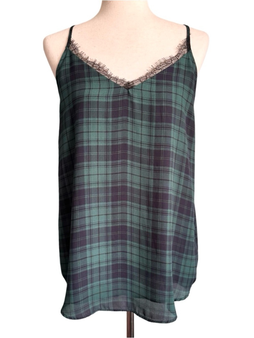LOFT Women’s Green Plaid Lace-Trim Camisole Tank Sleeveless Blouse Large Petite
